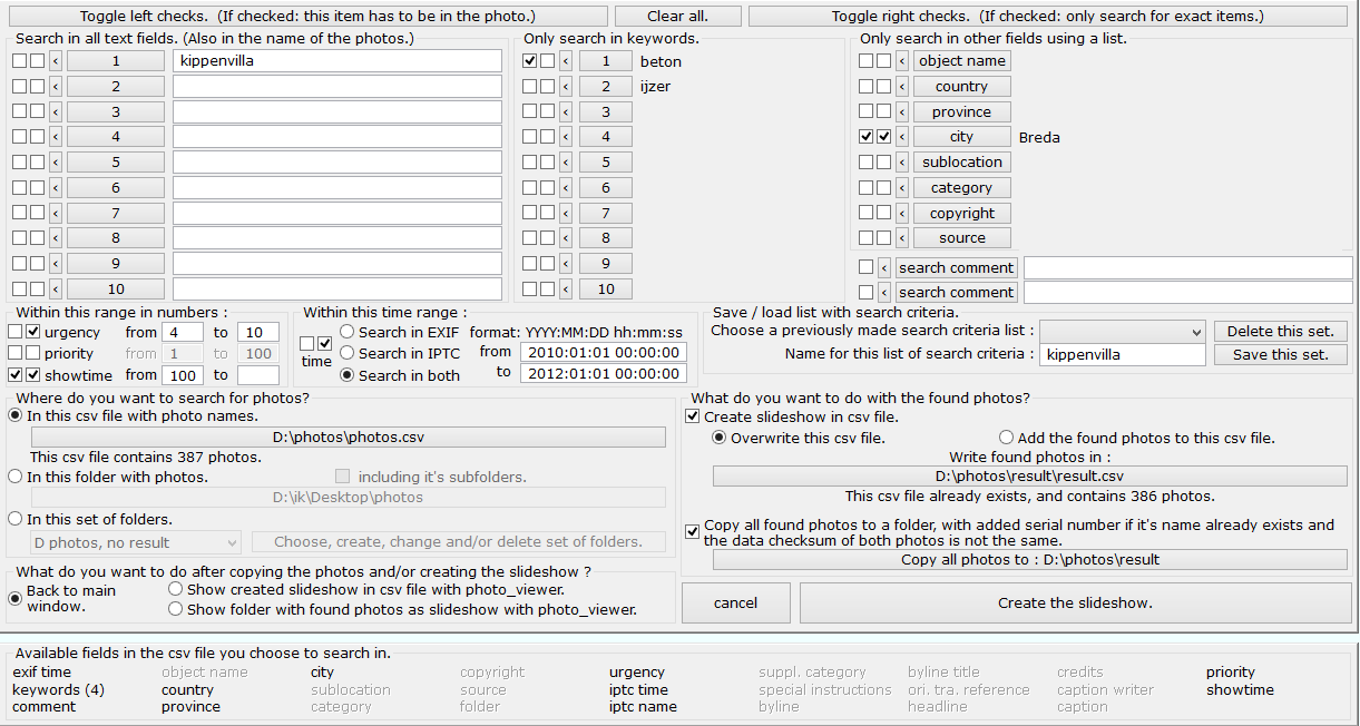 Overview of the 'search in metadata' dialogbox.